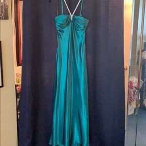 Emerald green satin prom dress
